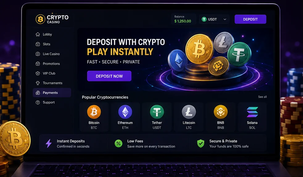Иконки криптовалют BTC, ETH, LTC и USDT, доступных в кассе Vavada для игроков из Казахстана